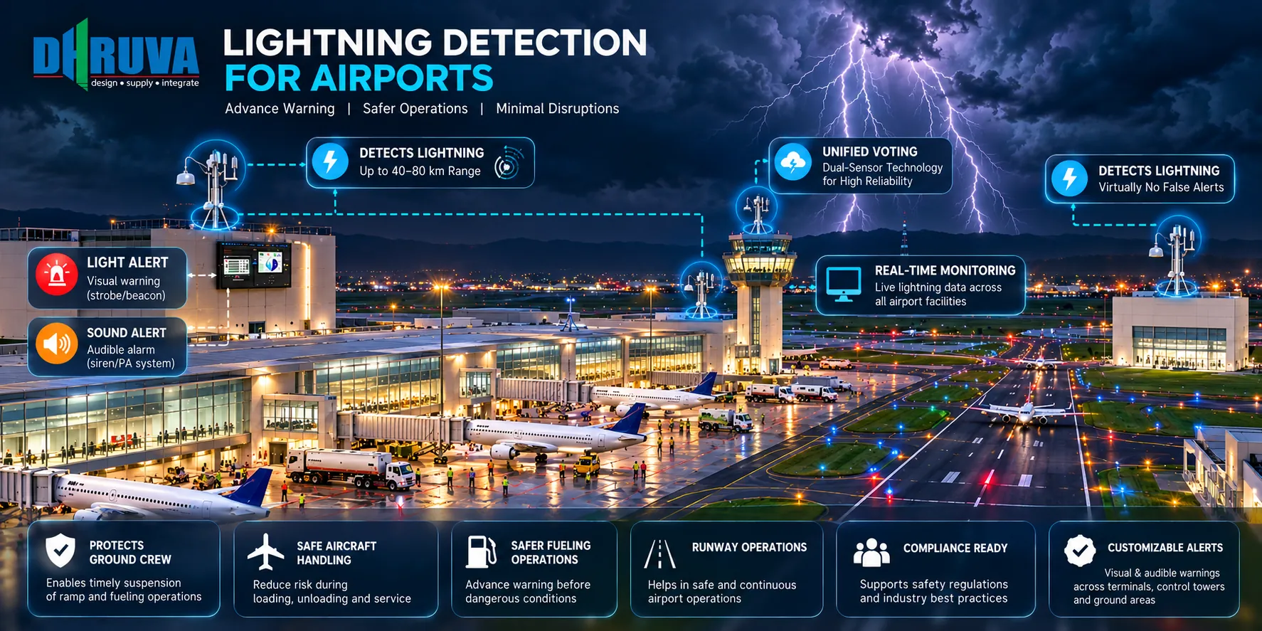 Infographic: Dhruva lightning detection for airports with alerts across terminals, control tower and runways