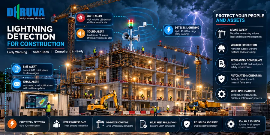 Construction site with tower cranes and lightning warning beacon