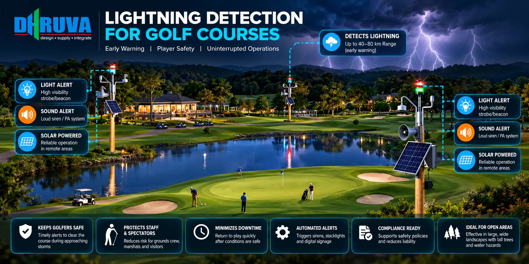 Infographic: Dhruva lightning detection for golf courses with solar-powered siren and beacon stations