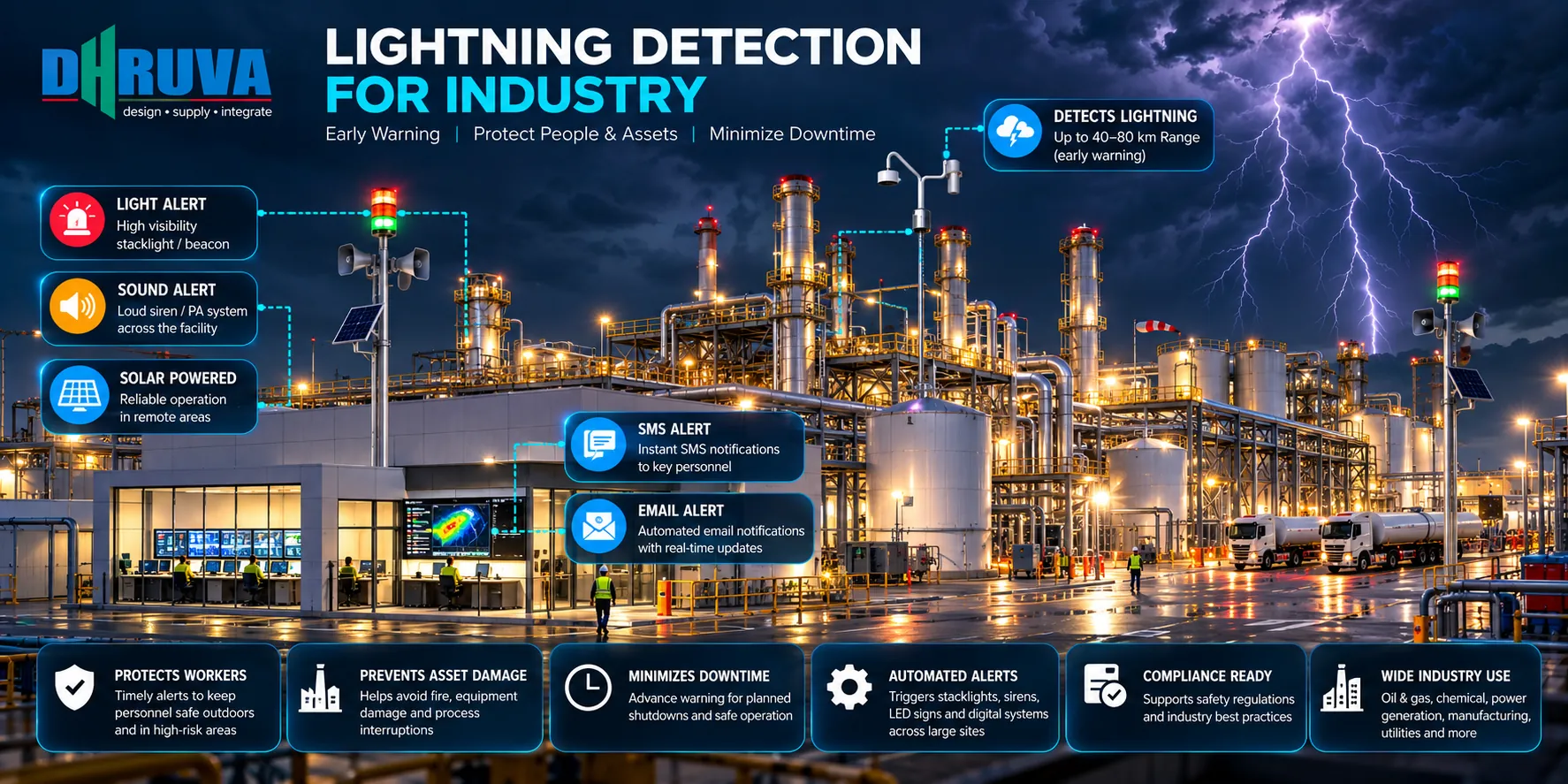 Infographic: Dhruva lightning detection for industrial plants with stacklight, siren, SMS and email alerts