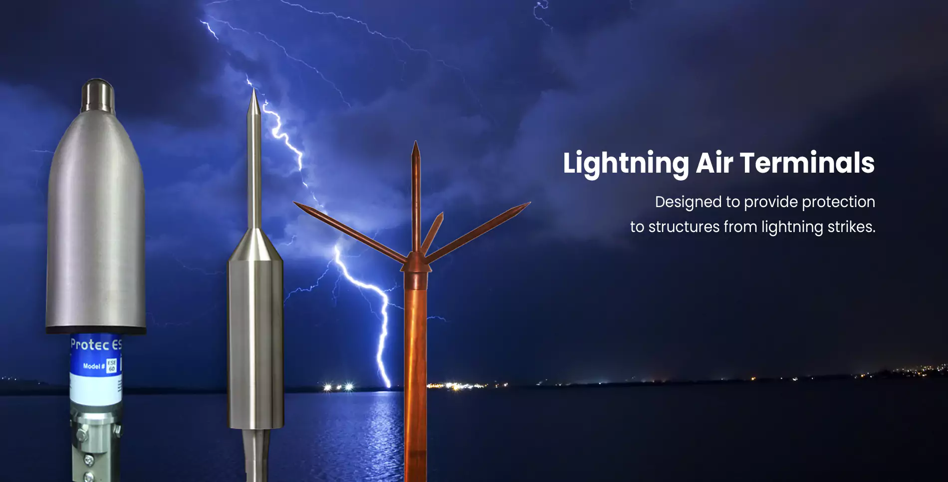 Lightning Air Terminals — Protec ESE, stainless steel and copper Franklin rods against a lightning storm