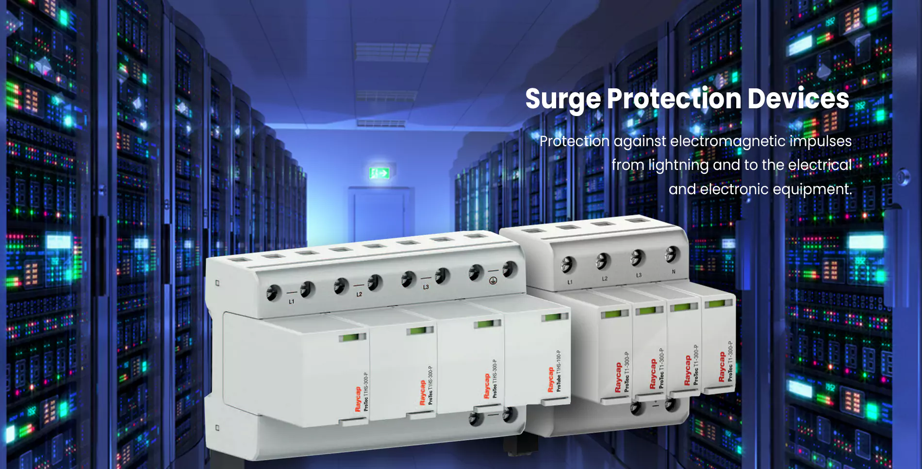 Surge Protection Devices — DIN rail mounted Raycap ProTec surge arresters in a data centre