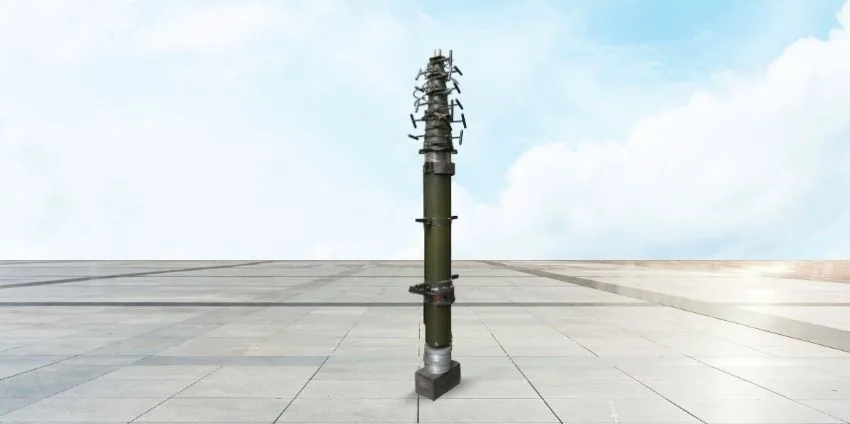 Olive green pneumatic telescopic mast fully erected with antenna mounts